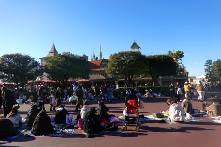Unidentified people at Universal Studios Japan. Universal Studios Japan is a theme park located in Osaka, Japan.の写真素材