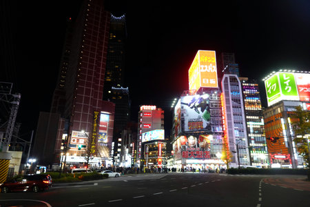 Night view of Akihabara district in Tokyo, Japan. Akihabara is a major shopping district in Tokyo.の写真素材