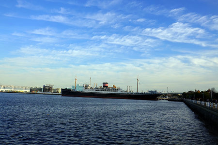 ship in the river under the blue sky, closeup of photoの写真素材