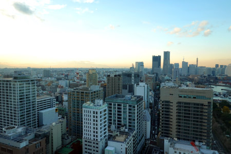 Cityscape of Osaka at sunset, Japan. Osaka is the capital and largest city of Japan.の写真素材