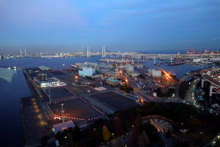 a view of the port of Yokohama at night, Japanの写真素材