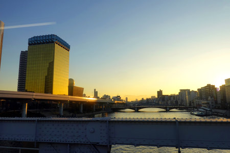 the light of the setting sun in shanghai china.の写真素材