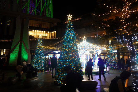 Christmas market in the center of the city at night, Barcelona, Spainの写真素材