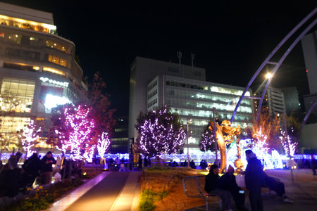 People enjoy the light show in Seoul, South Korea.の写真素材