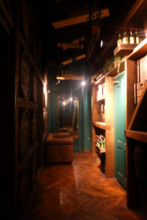Interior of a restaurant with wooden doors and green walls in the night