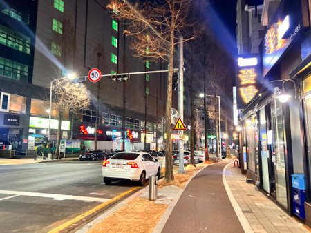 Night traffic in Frankfurt, Germanyの写真素材