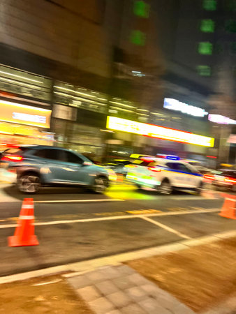 traffic in the city at night, motion blur effect, Hong Kongの写真素材