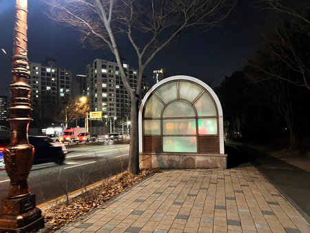 Lantern in the park at night, closeup of photo