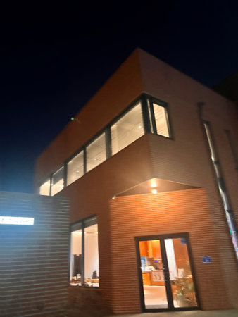 Night view of a modern building in the center of the city.のeditorial素材