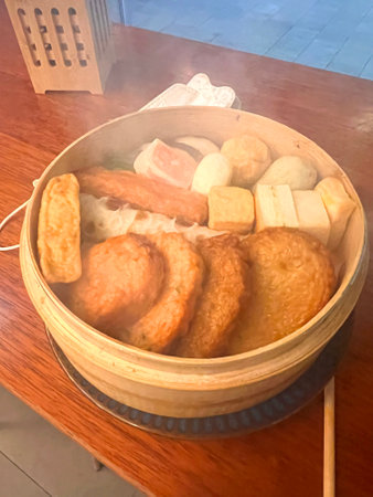 Crispy pork belly in bamboo steamer with hot pot.の写真素材