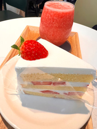 Strawberry cake on white plate and glass of fresh strawberry juiceの写真素材