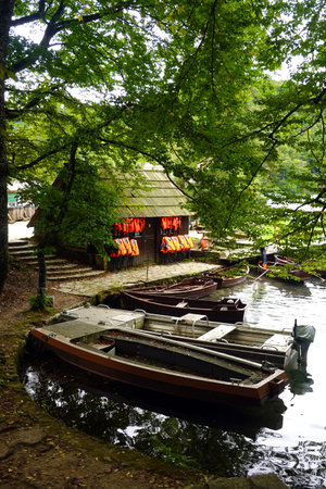 Wooden boats on the lake in Kawaguchiko, Japan.の写真素材