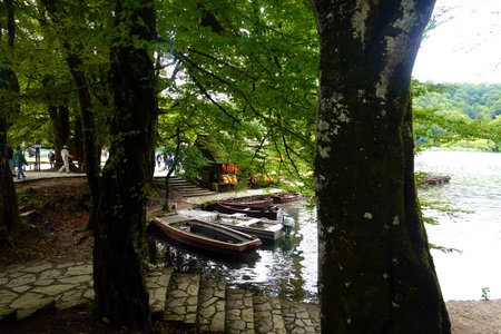 Wooden boats on the lake in the forest. Beautiful landscape.の写真素材