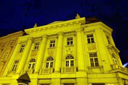 Old building in Prague at night, Czech Republic. Photo in old color style.の写真素材