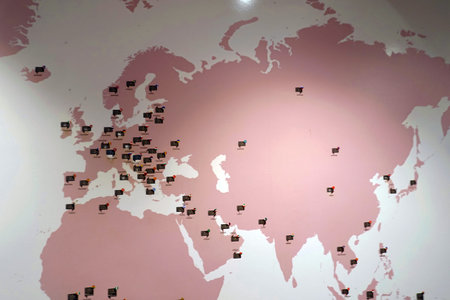 Map of the world on a wall in a museum, closeup of photo
