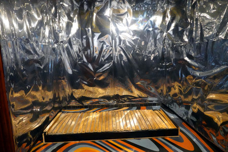 The interior of a modern building with a metal frame.の写真素材