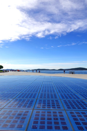 Solar energy panels on the beach, closeup of photo with selective focusの写真素材
