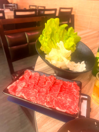 Raw fresh beef for Sukiyaki, Japanese foodの写真素材