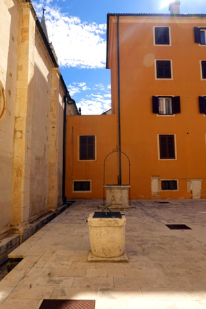 Old street in the old town of Rovinj, Croatiaの写真素材