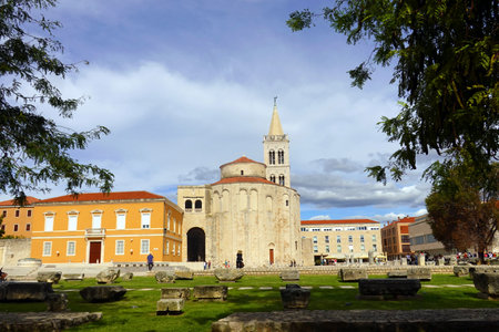 Tower of the Cathedral of Our Lady in Trogir, Croatiaの写真素材