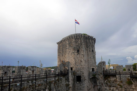 Dubrovnik old city walls with the flag of Croatiaの写真素材