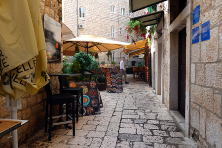 Narrow street of the old town of Kotor, Montenegroの写真素材