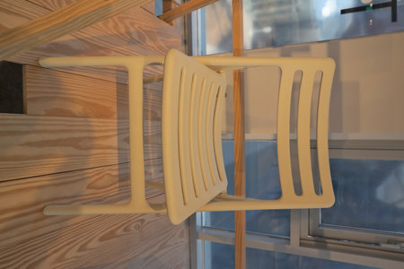 Wooden stairs in a cafe, close-up. Nobody insideの写真素材