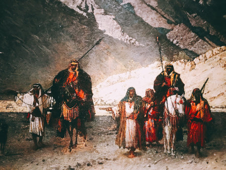 Vintage painting of Three Wise Men at the entrance to the cave