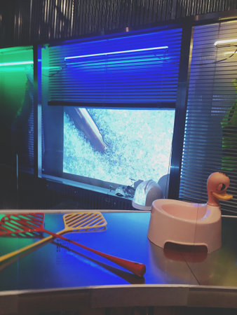 Futuristic interior of the room with a swimming pool and a swimming poolの写真素材