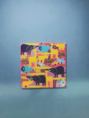 A colorful abstract painting with various animals on a blue background.の写真素材