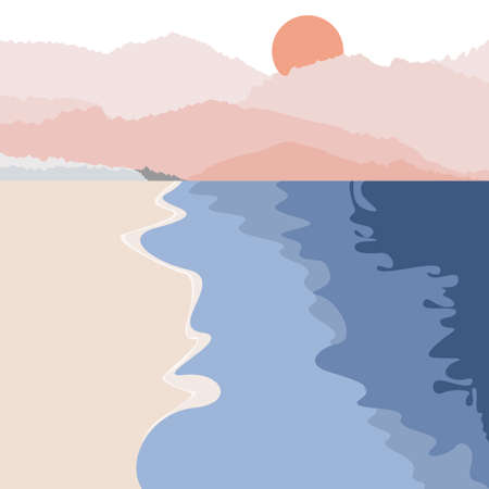 Landscape view of natural sea coast with mountain range in morning sunrise or evening sunset time in orange-red and blue colors.のイラスト素材