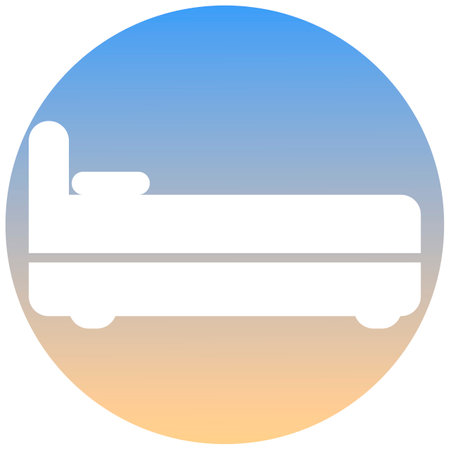 White bed icon, on gradient button. Hotel symbol of a set. Use for banner, card, poster, brochure, banner, app, web design.のイラスト素材