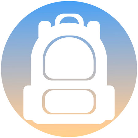 Backpack symbol of a set. White backpack icon, on gradient button. Use for banner, card, poster,...