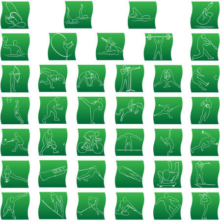 Set of 39  sport icons. Green gradient line silhouettes. Vector EPS 10のイラスト素材