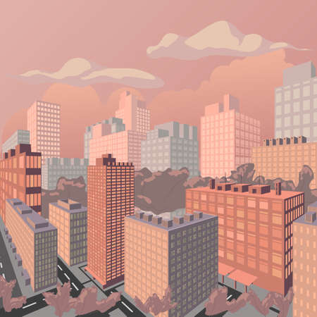Evening cityscape perspective vector illustration. Sunset landscape vector concept illustrationのイラスト素材