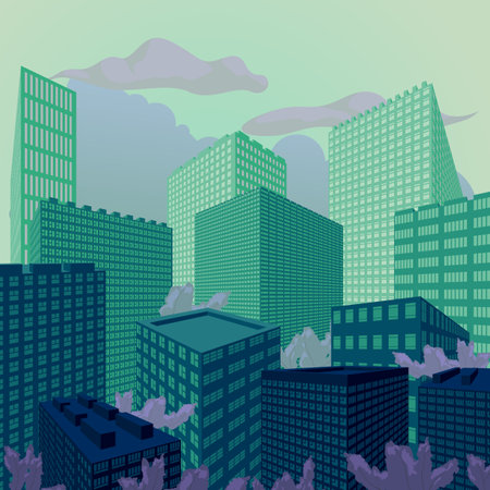 Green evening city perspective, vector illustration, backgroundのイラスト素材