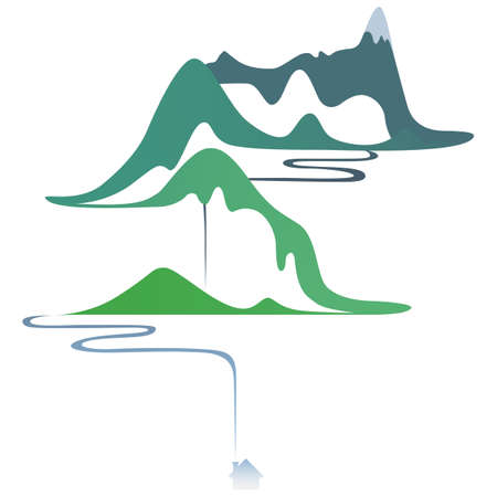 Vector flat landscape. Gradient mountain river and houseのイラスト素材