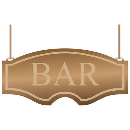 Bar signboard. Curly wooden signboard hanging on the ropes. Vector illustration isolated on whiteのイラスト素材