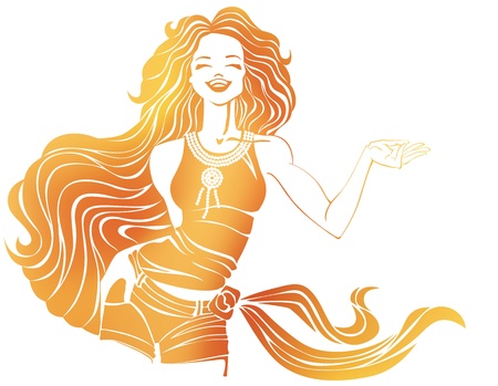 silhouette of laughing cute young woman  in T-shirt, shorts and scarf on hip, isolated on white  With a  fluttering gorgeous hair  Makes hand gesture of invitation  Silhouette of girl grouped and placed on transparency mask  のイラスト素材