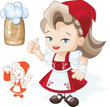 Cute  young woman in red dirndl is showing thumbs-up sign  Mug of beer can be placed on hand  Silhouette with mug added  のイラスト素材
