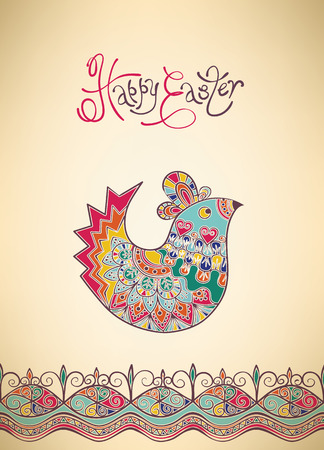 Easter card folk decorated bright pattern, chick and typographyのイラスト素材