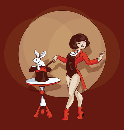 Young circus artist perform illusionist stunt. Pinup cartoon styleのイラスト素材