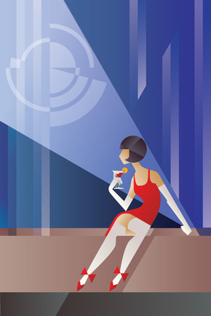 Twenties style background abstract geometric design flappers girl with cocktail sitting on sofa on night club partyのイラスト素材