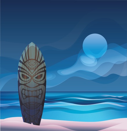 background with Tiki warrior mask surfboard on ocean beach at nightのイラスト素材