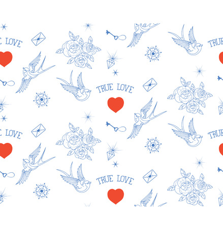 seamless pattern with old school tattoo rosesand swallow, ink, lines. no font were usedのイラスト素材