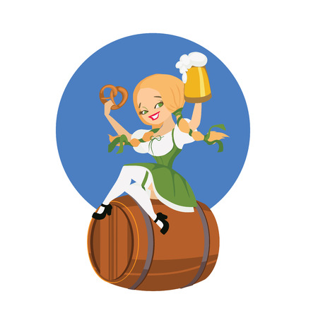 smiling cartoon cute pinup beer girl in dirndl  on pin of beer with bocal ant bretzelのイラスト素材