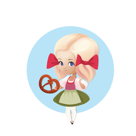 Cartoon character of young female with bretzel of beer in hand,german national costume dirndlのイラスト素材