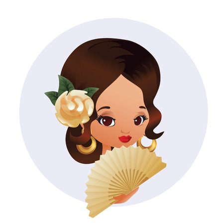 Chibi character girl in Spanish costume with rose hairstyle and fanのイラスト素材