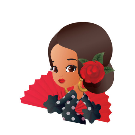 Chibi Character Girl In Spanish Costume With Rose Hairstyle And Fan Tasmeemme Com