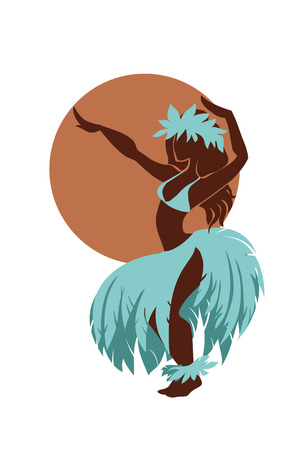 illustration of hawaiian hula dancing woman silhouette against the sun diskのイラスト素材